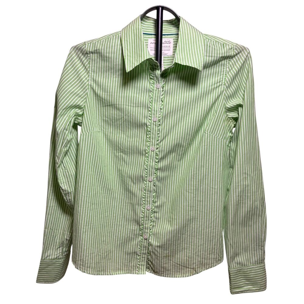 Vintage Aeropostale Green & White Striped Ruffle Front Long Sleeve Shirt